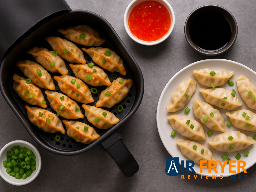 Air Fryer frozen potstickers cooked crisp with dipping sauces