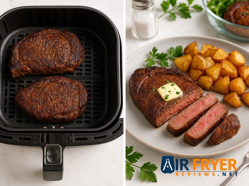 Collage showing two cooked steaks in an air fryer basket next to a plated steak dinner with roasted potatoes and sliced medium steak topped with butter.