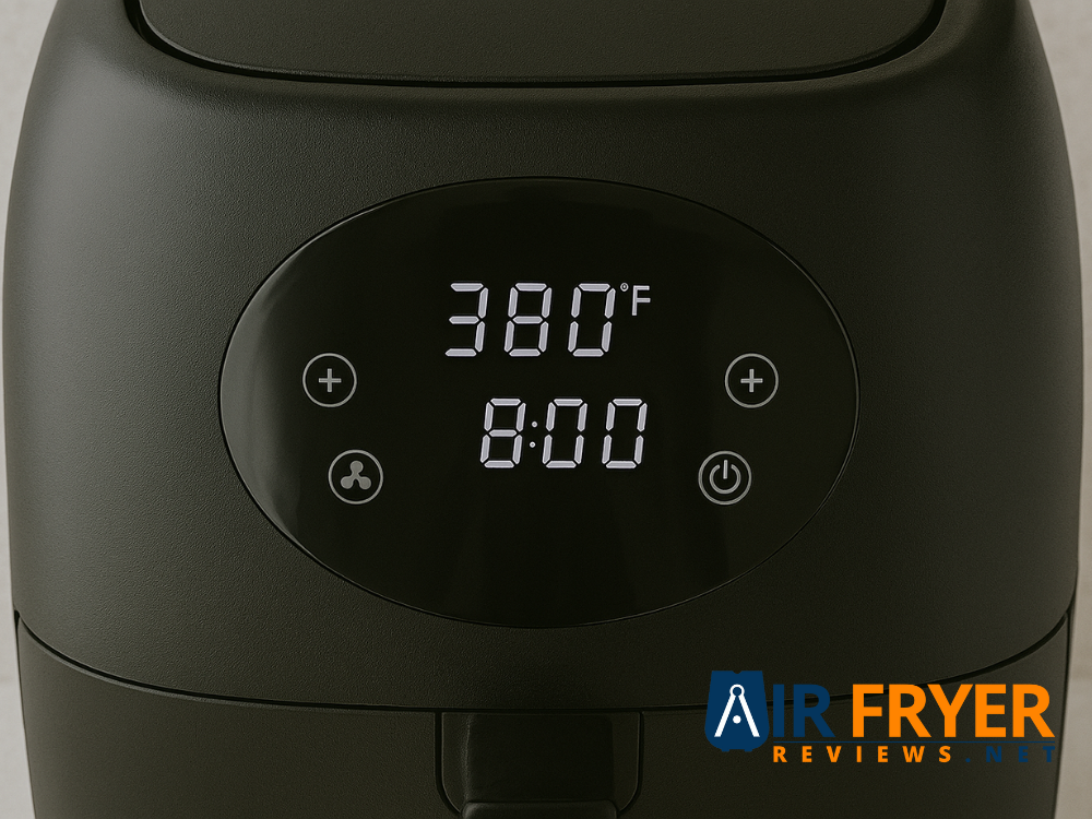 An air fryer display showing temperature and time settings Air Fryer Reviews