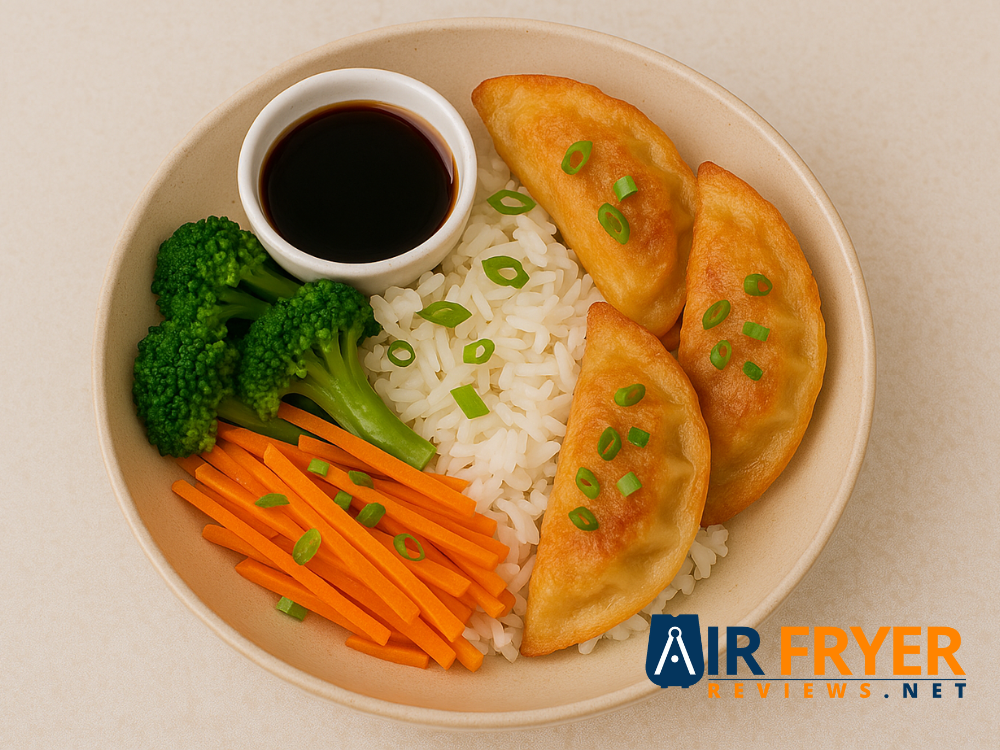 A beautifully plated dish of air-fried potstickers incorporated into a full meal, e.g., a "potsticker bowl.