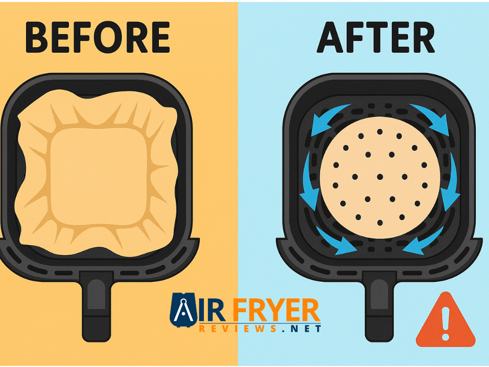 Before-and-after air fryer liner comparison showing proper airflow for cooking food and finger food.