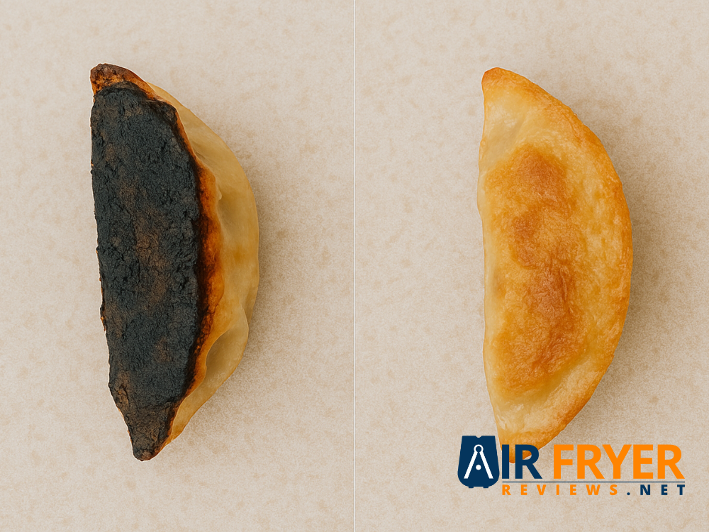 Comparison of a burnt and perfectly cooked potsticker Air Fryer Reviews