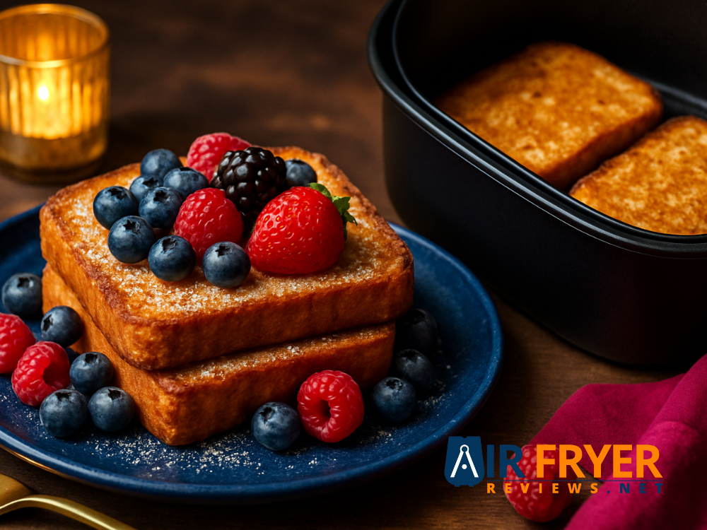 French toast made from thick sliced bread topped with fresh berries on a plate, served with cookware and utensils for a cozy brunch.