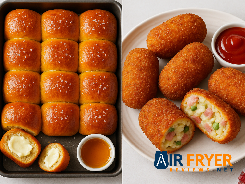 Fresh Potato bread rolls with butter alongside crispy stuffed croquettes