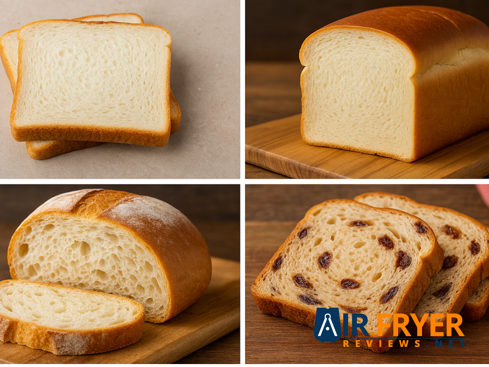 Assorted sliced bread varieties including white bread, Texas toast, whole wheat, potato bread, and rye shown as a breakfast and cooking ingredient on a wooden surface.