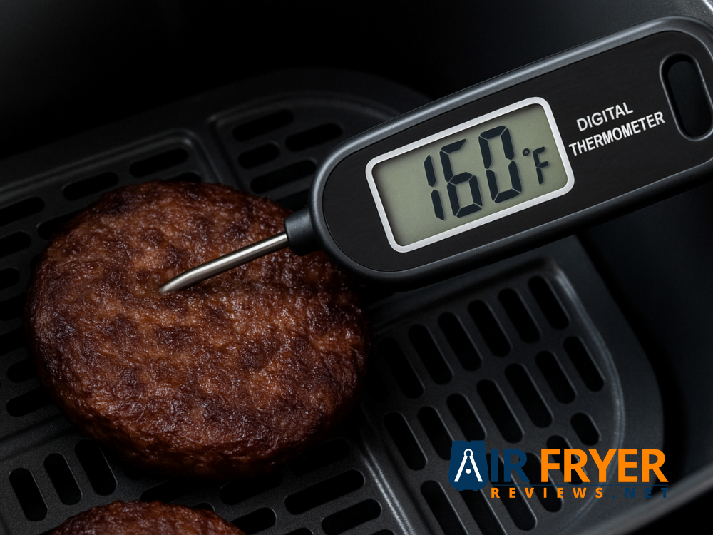 Digital meat thermometer 160°F inserted into the center of a cooked frozen burger patty.