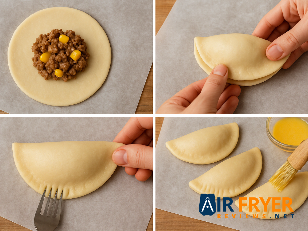 Four-step collage showing empanada preparation: adding filling, folding dough, sealing edges with a fork and brushing egg wash on uncooked turnovers.