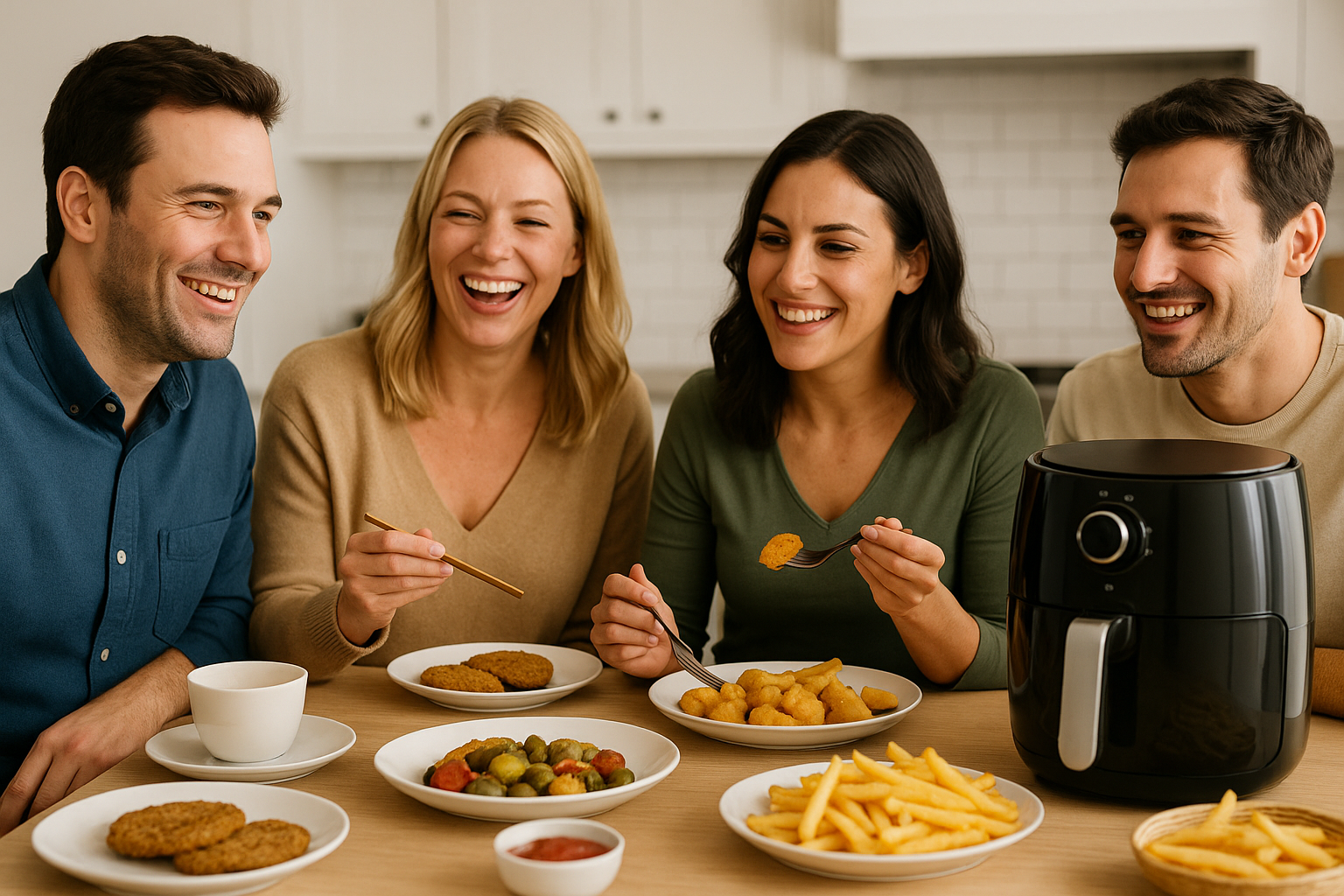 Four friends enjoying air fried food at a table with a black air fryer cooking in the foreground Air Fryer Reviews
