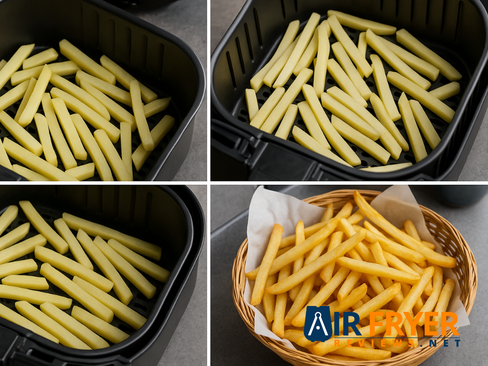 Fries Being Prepared Shaken Halfway and Served golden brown in a basket Air Fryer Reviews