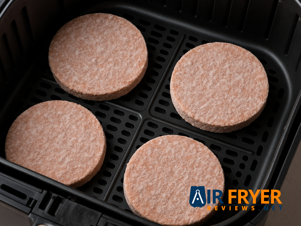 Frozen meat burger patties arranged in a single layer inside an air fryer basket, showing a kitchen appliance setup for cooking, grilling, baking or fast-food style recipes