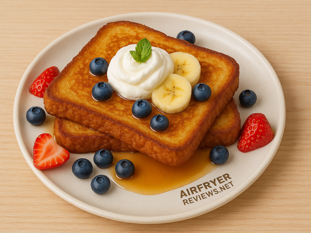 Two stacked slices of golden-brown French toast topped with whipped cream, banana slices, blueberries, strawberries and syrup on a cream plate