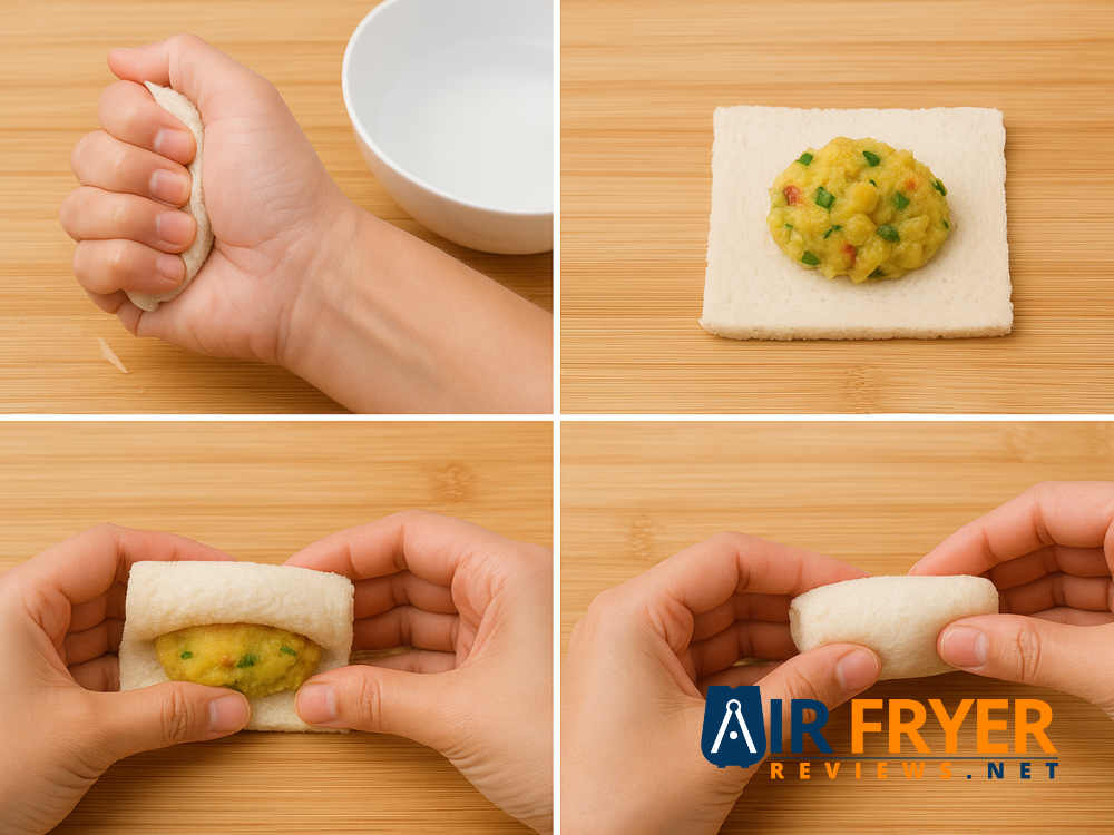 Hands shaping potato bread rolls by squeezing, stuffing, folding and sealing softened bread slices.