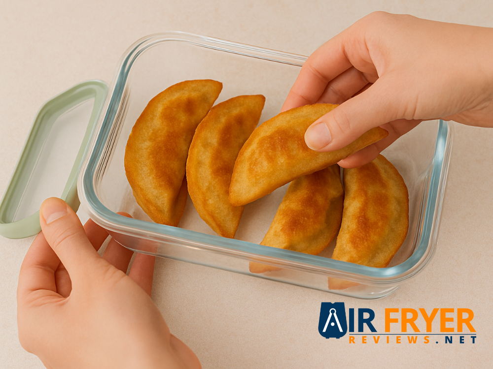 Leftover potstickers being placed into an airtight container for storage Air Fryer Reviews