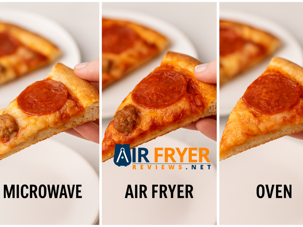 Side-by-side comparison of pizza slices reheated in the microwave, air fryer and oven, showing the air fryer slice with the crispiest crust and best texture.