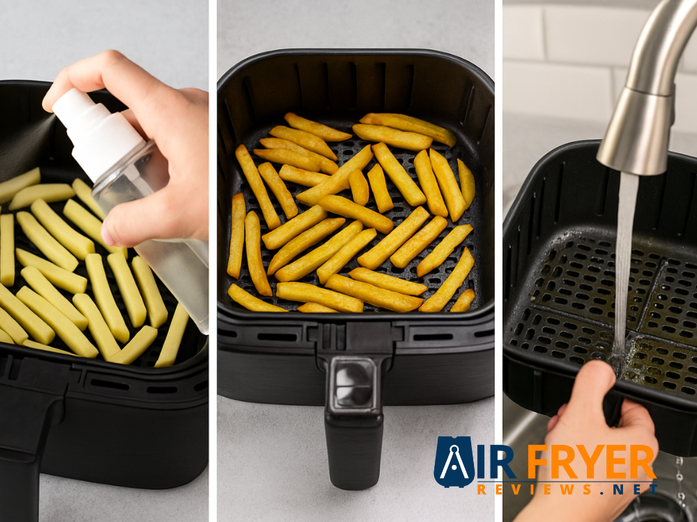 Oil Spritzing Shaking Halfway and Cleaning Air Fryer Reviews