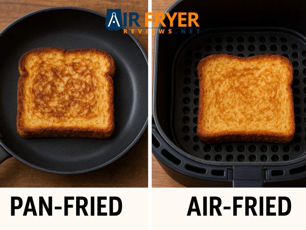 Side-by-side comparison of pan-fried and air-fried toast made from sliced white bread, showing browning differences for breakfast, cooking and recipe use.