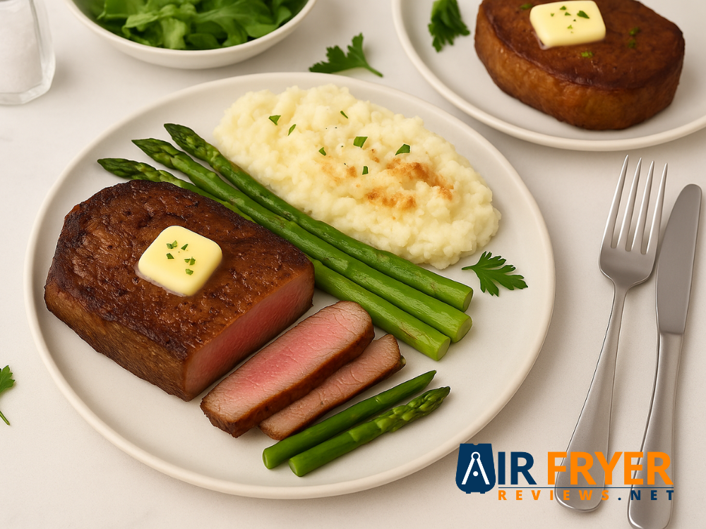 Plated air fryer ribeye with classic sides like asparagus and mashed potatoes 1 Air Fryer Reviews