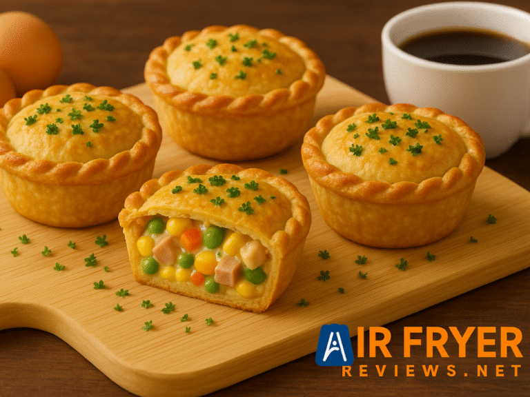 Golden mini breakfast pies with flaky crusts on a wooden board, one cut open showing creamy filling of peas, carrots, corn and meat with eggs and a coffee cup in the background.