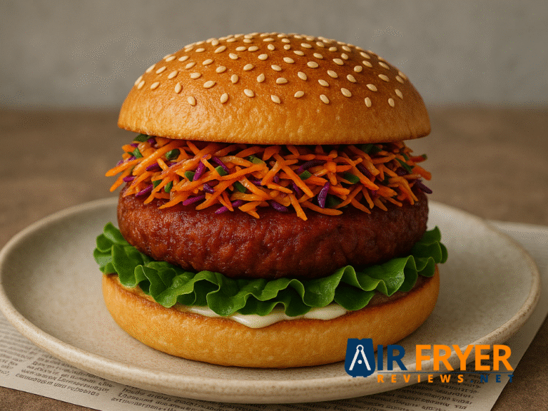Air frying frozen burgers on a plate with a toasted sesame bun, veggie patty, fresh lettuce, and colorful slaw.