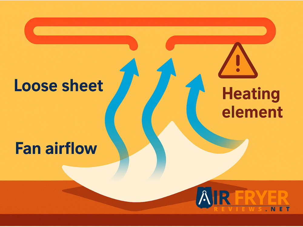 showing a loose air fryer parchment sheet being lifted by fan airflow toward the heating element, highlighted with orange warning accents.
