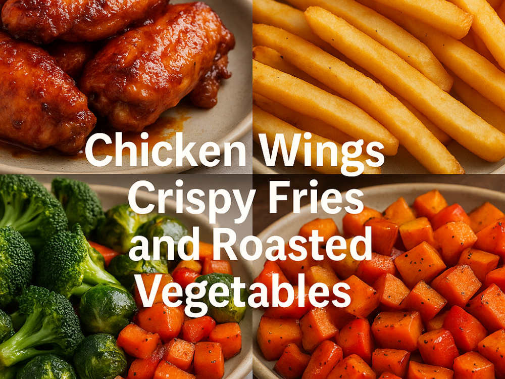 Four-panel food collage showing saucy chicken wings, crispy French fries, roasted green vegetables, and roasted orange vegetables