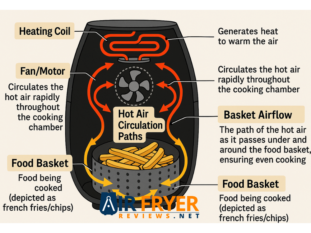 hot air circulation paths heating coil and basket airflow inside Air Fryer Reviews