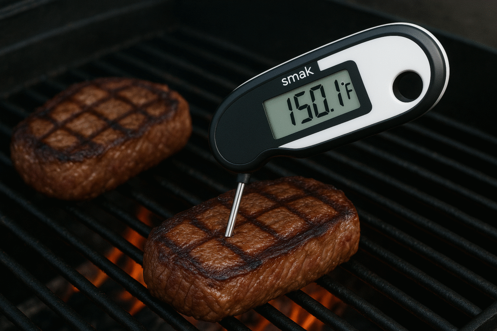 Grilled meat cooking on a barbecue grill, showing classic American cuisine style food preparation with cookware, roasting and grilling techniques, ideal for recipes and fast, finger-food meals.