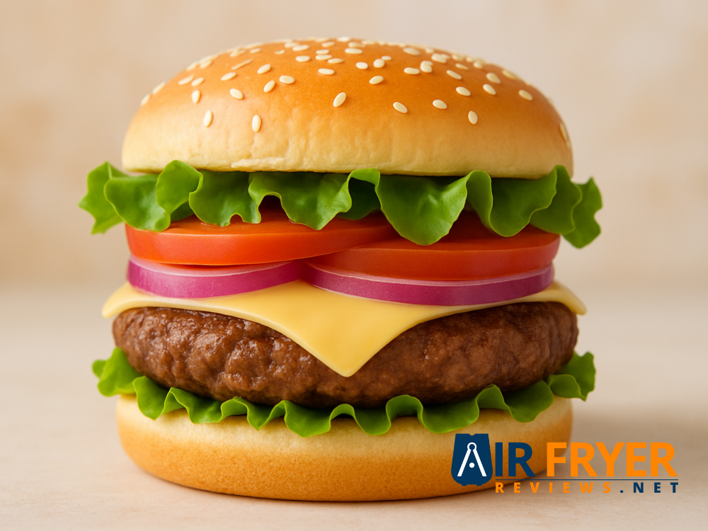 A neatly stacked light burger showing distinct layers and colors Air Fryer Reviews
