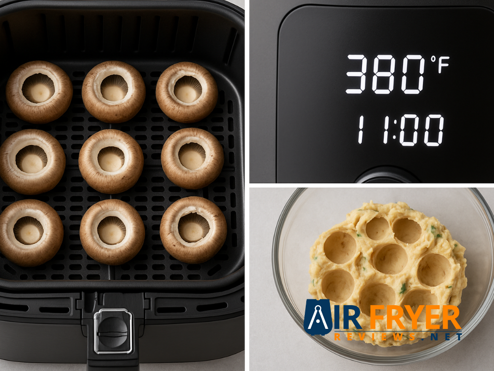 Mushroom caps arranged in an air fryer basket with a 380°F / 11-minute setting displayed and a bowl of prepared filling.
