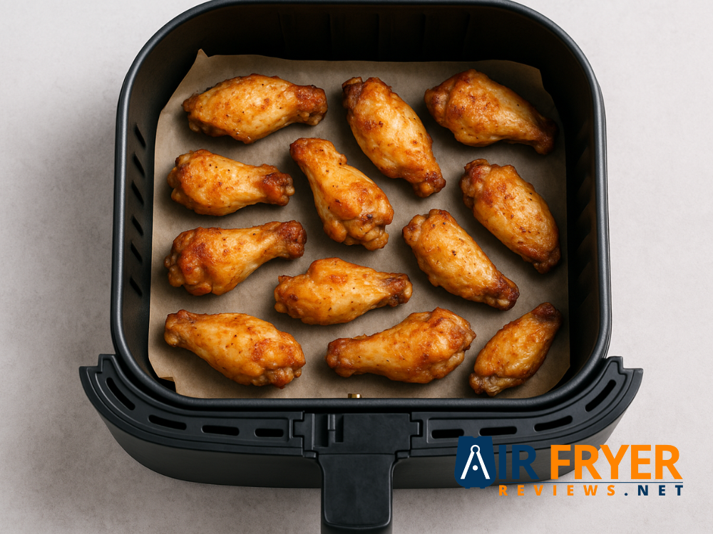 Air fryer basket with wings arranged in a single layer showing proper spacing Air Fryer Reviews
