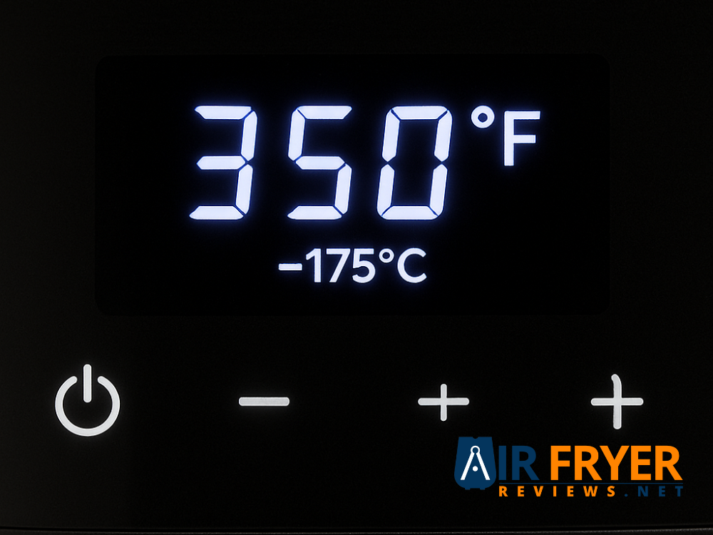 Air fryer display showing 350°F 175°C Air Fryer Reviews