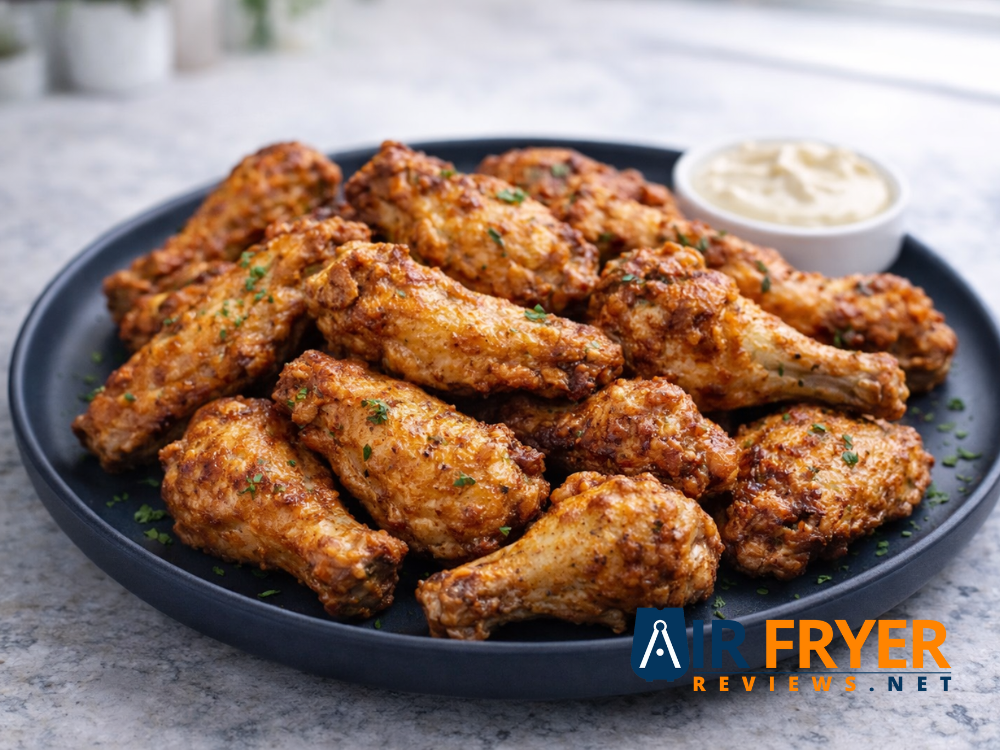 Air fryer frozen chicken wings served on a dark plate with dipping sauce golden and crispy Air Fryer Reviews