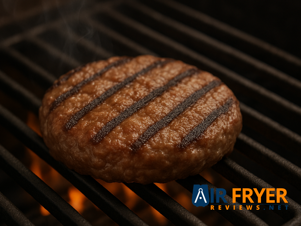 Burger searing on a grill with defined char marks Air Fryer Reviews