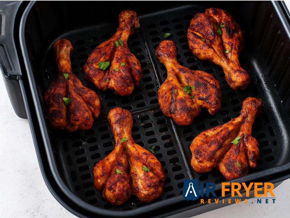 Butterflied chicken drumsticks cooking in a black air fryer basket Air Fryer Reviews