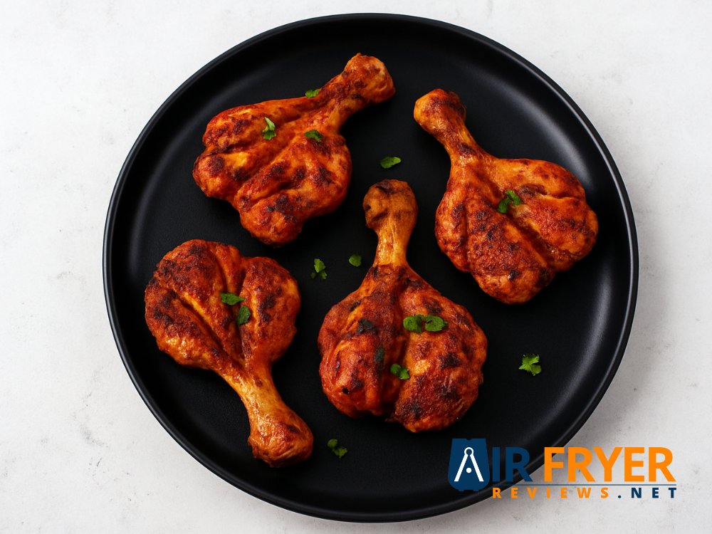 Butterflied cooked chicken drumsticks served on a black plate with parsley Air Fryer Reviews
