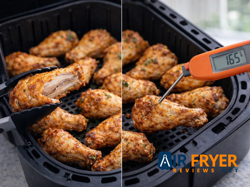 Checking air fryer chicken wings for doneness using visual cues and a digital meat thermometer showing safe internal temperature Air Fryer Reviews