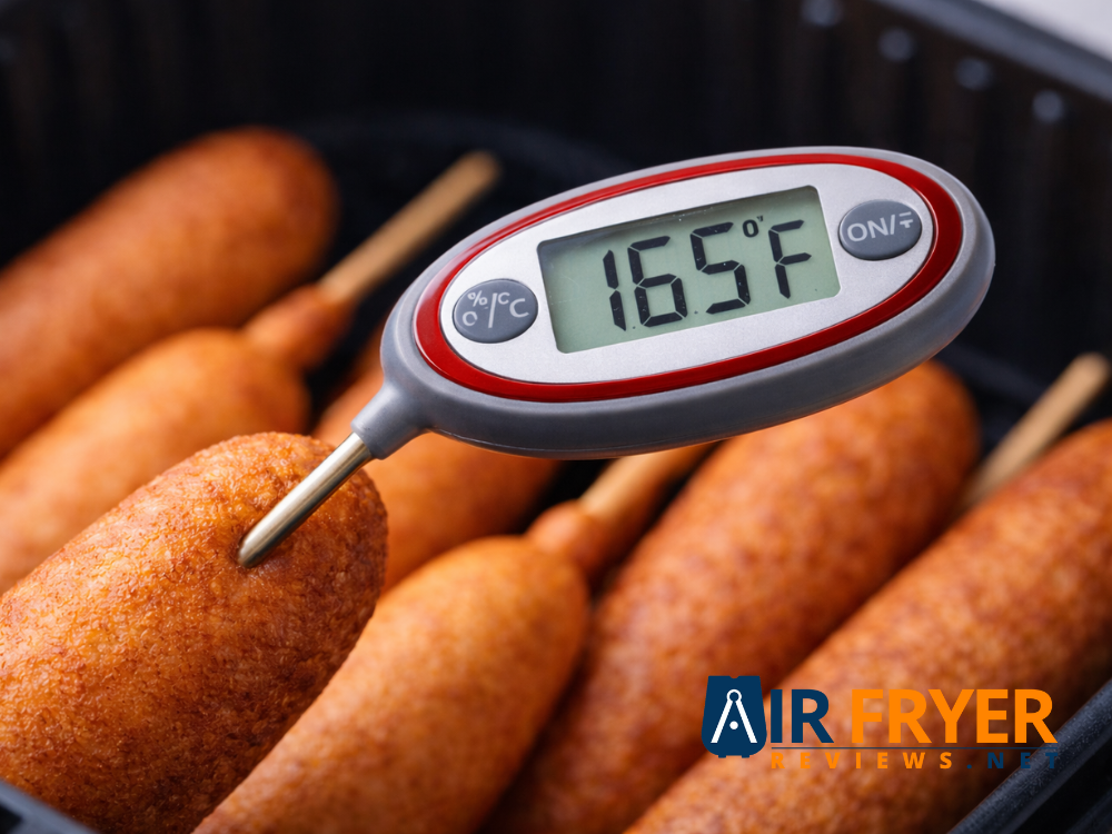 Close up of an instant read thermometer showing 165°F in a corn dog Air Fryer Reviews