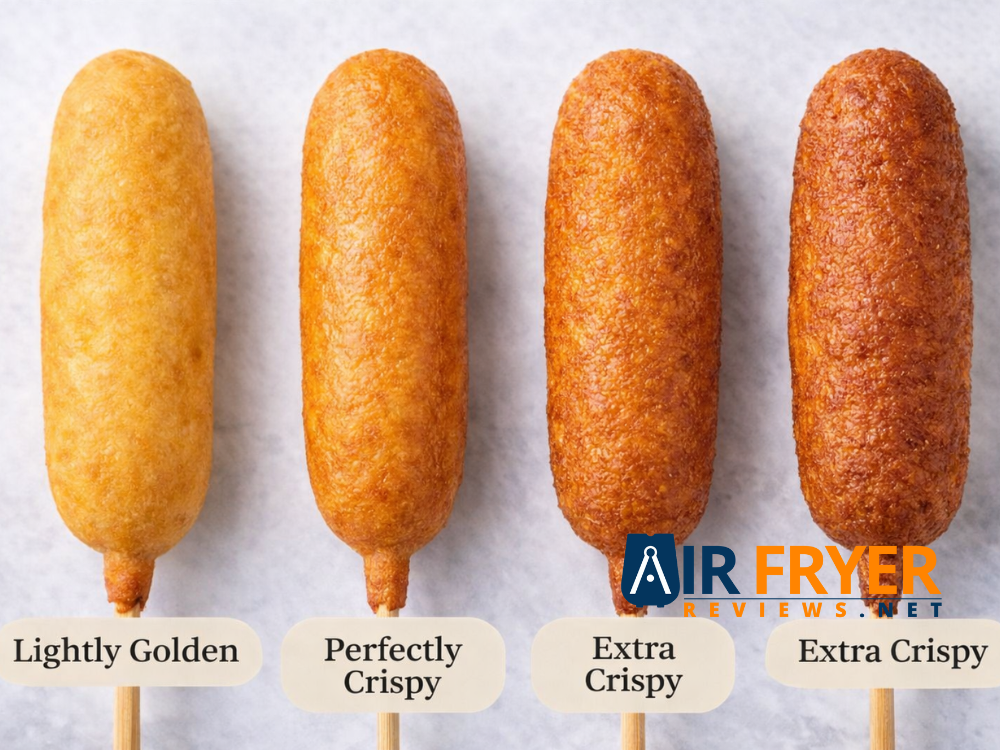 Corn dogs showing lightly golden to extra crispy stages Air Fryer Reviews