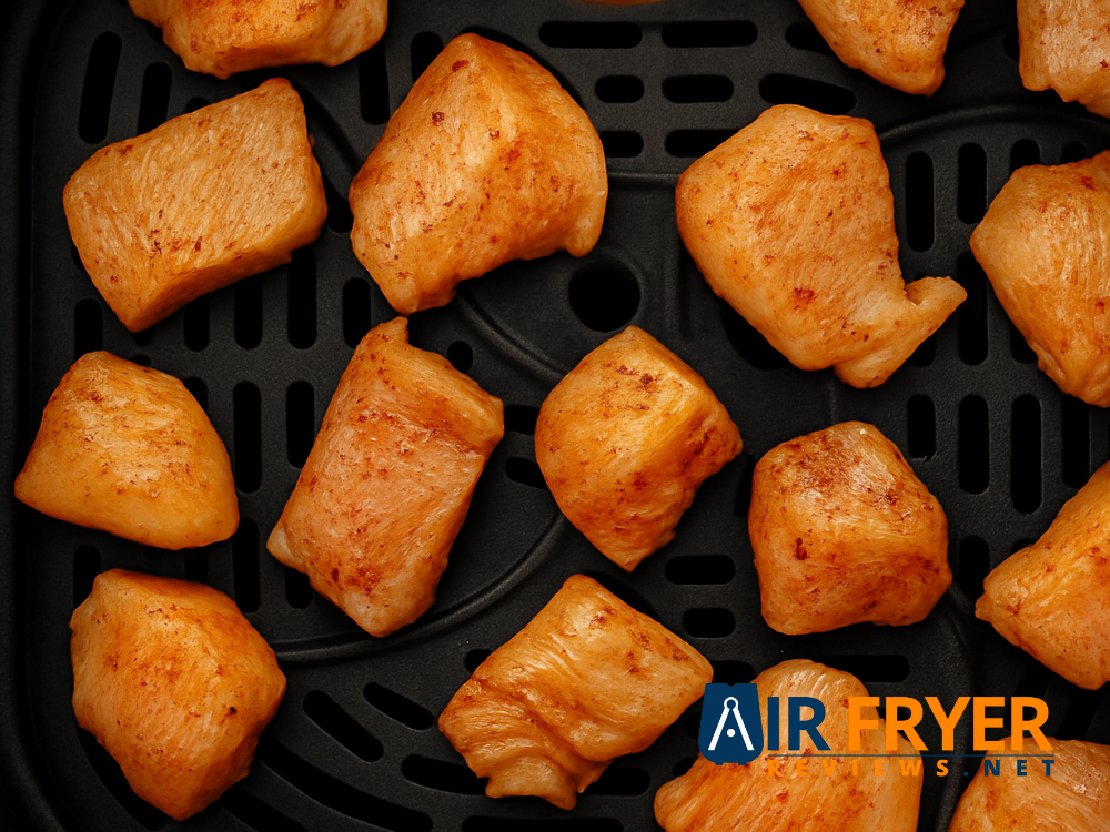 Golden air-fried chicken bites in a bowl.