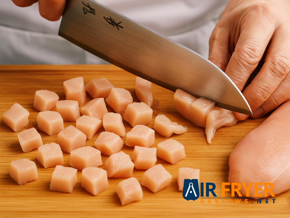 Chef slicing raw chicken into cubes on a wooden board.