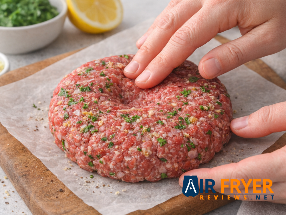 Demonstrating the thumbprint on a raw burger patty Air Fryer Reviews