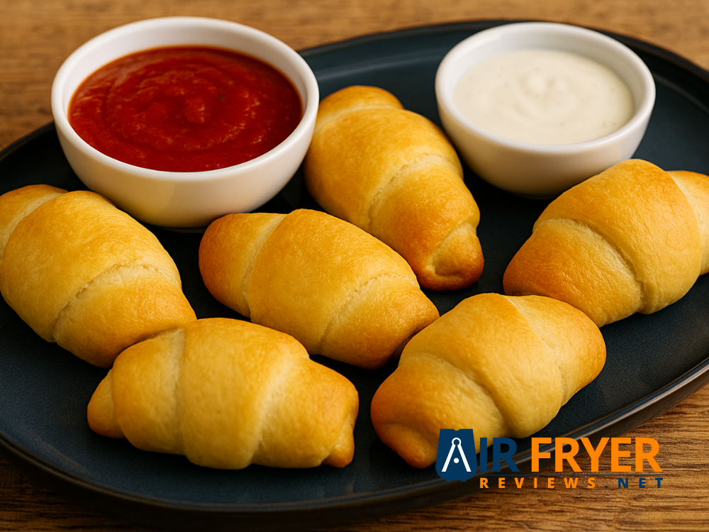 Finished evenly browned rolls on a platter with dipping cups Air Fryer Reviews