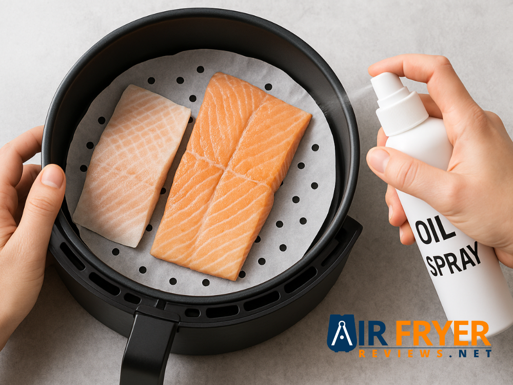 Fish fillets on parchment paper in an air fryer basket with oil spray Air Fryer Reviews