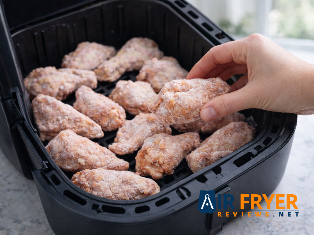 Frozen chicken wings straight from the freezer placed in an air fryer basket before cooking Air Fryer Reviews