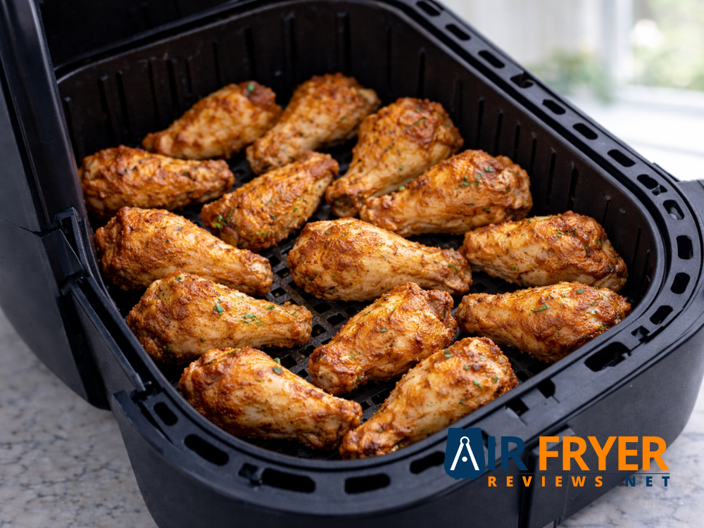 Fully cooked crispy chicken wings inside an air fryer evenly browned and ready to serve Air Fryer Reviews