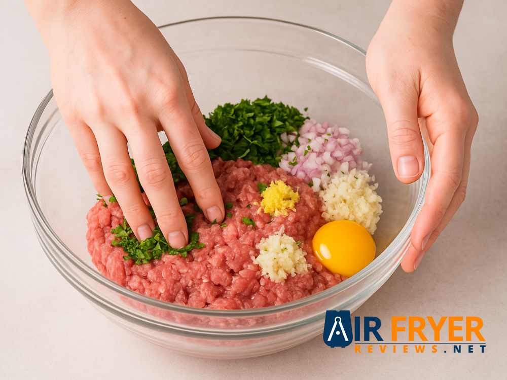 Gently mixing ingredients in a bowl demonstrating light touch Air Fryer Reviews
