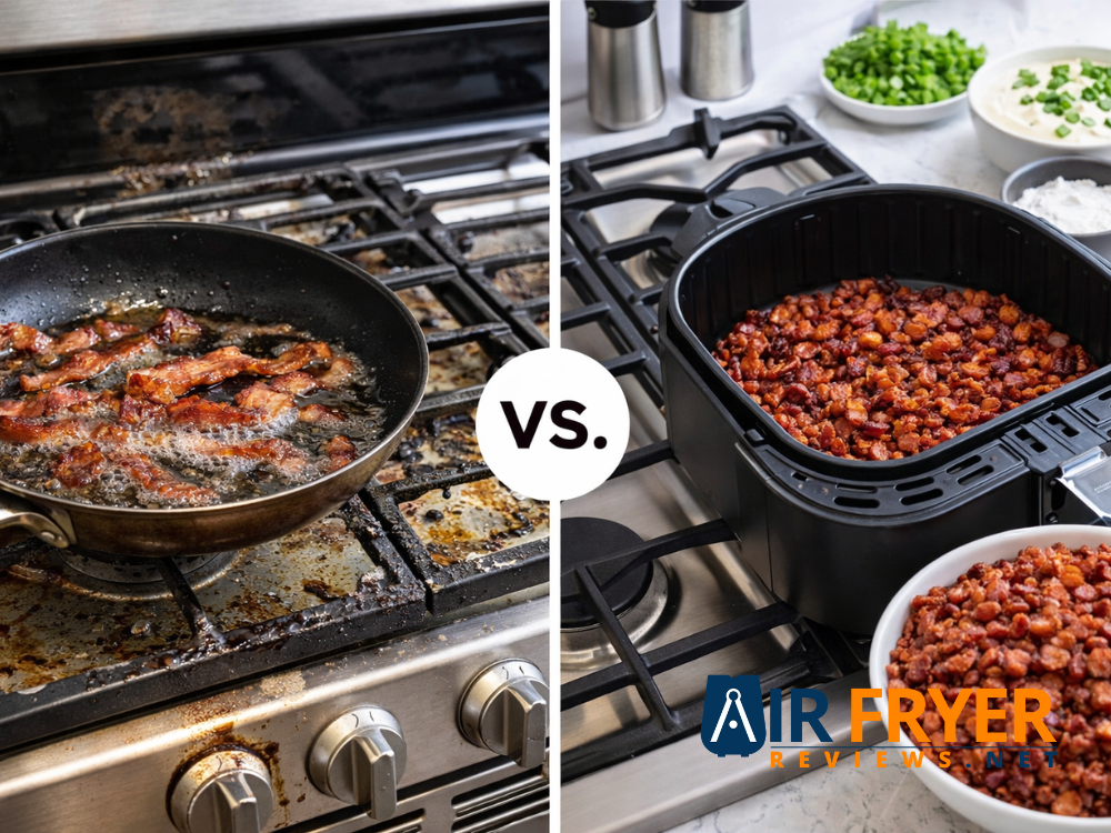 Greasy stovetop frying bacon compared to clean air fryer bacon bits Air Fryer Reviews