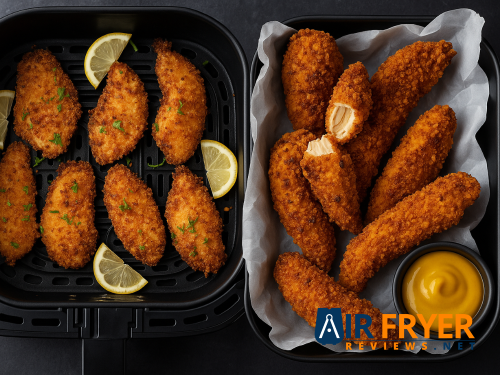 Homemade breaded chicken tenders with plate with dipping sauces