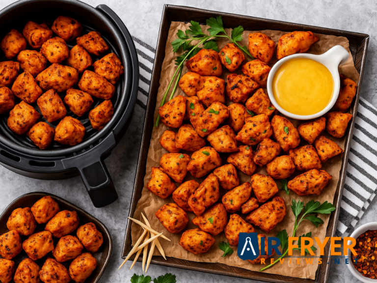 Air-fried chicken bites served in a tray with dipping sauce.
