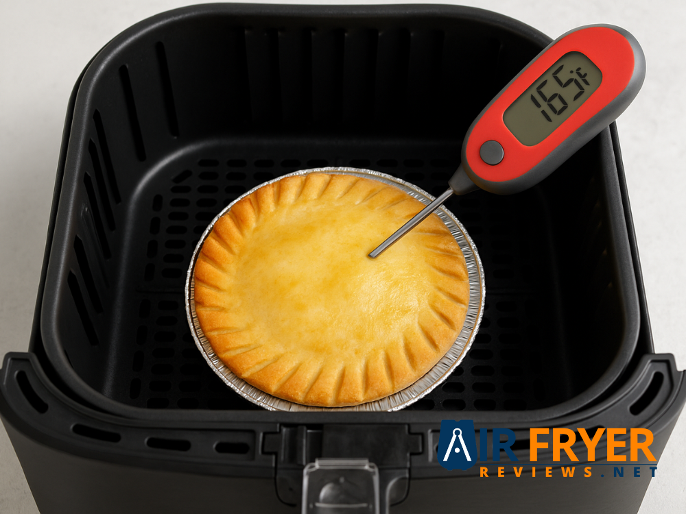 Instant read thermometer inserted into the pot pie filling showing a reading of 165°F 74°C Air Fryer Reviews